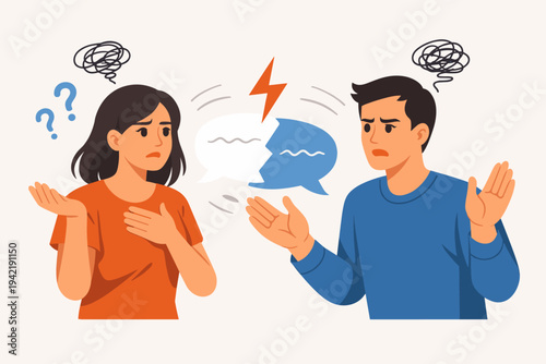 Vector Illustration of a Man and Woman Having a Heated Argument and Communication Breakdown; Frustrated Couple Experiencing Misunderstanding with Broken Speech Bubble and Lightning Bolt Symbols
