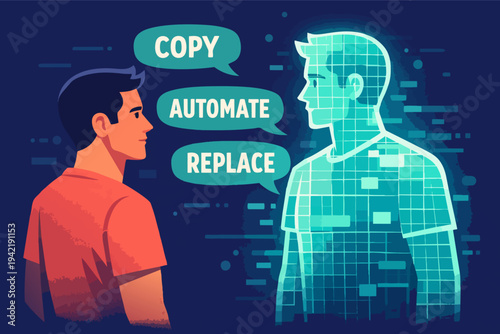 Digital twin technology thinking to copy, automate and replace human jobs, showing ai, automation, and future work