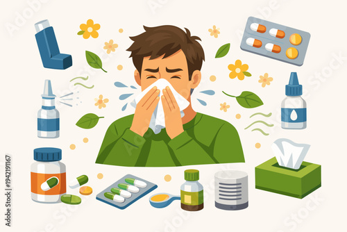 Vector illustration of a man sneezing into a tissue due to seasonal allergy or hay fever, surrounded by treatment options like inhaler, nasal spray, pills, eye drops, and medicine bottles.