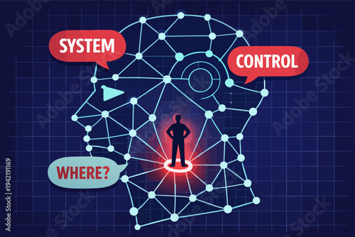 Human silhouette standing inside a brain network, symbolizing ai's influence on system control and the question of direction