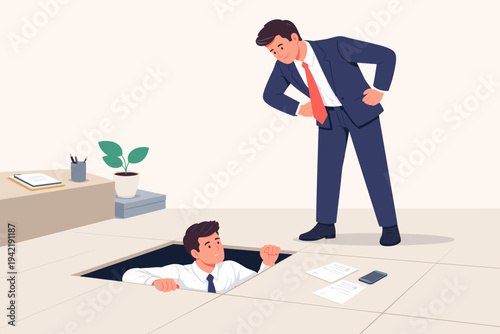Boss in a suit looking down from above at a male employee climbing up from under the office floor, concept of hierarchy, supervision, career growth, and overcoming obstacles in the workplace.