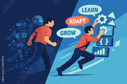 Person adapting to change, learning and growing skills, outpacing automation and robots in the future of work