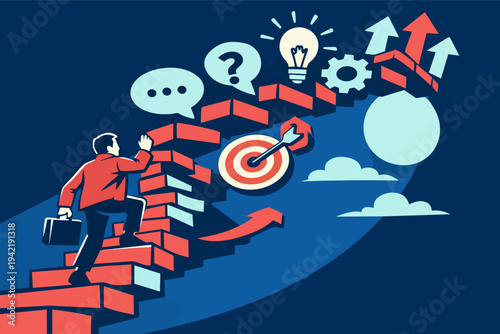 Businessman climbing stairs, reaching career goals, solving problems, finding ideas, and achieving success