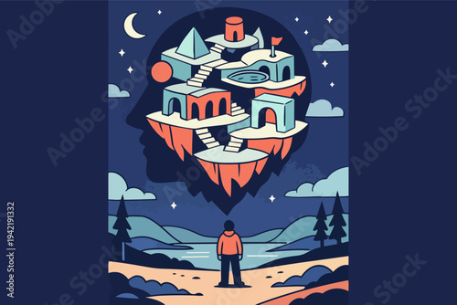 Person standing beneath a surreal floating mindscape representing imagination, creativity, and the subconscious mind
