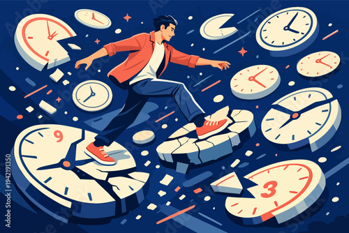Man navigating broken clocks, overcoming time management challenges and urgent deadlines in abstract concept
