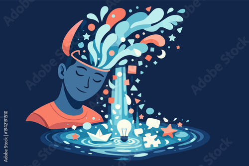 Person's head creating ideas and thoughts, mind generating creativity, imagination, and inspiration