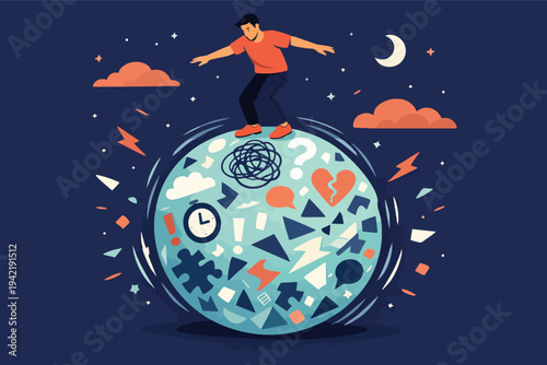 Man balancing on world globe representing life challenges, stress management, mental health, and resilience
