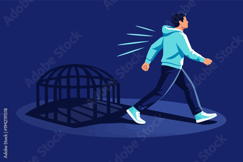 Man breaking free from mental cage, leaving prison shadow, finding freedom and self-liberation