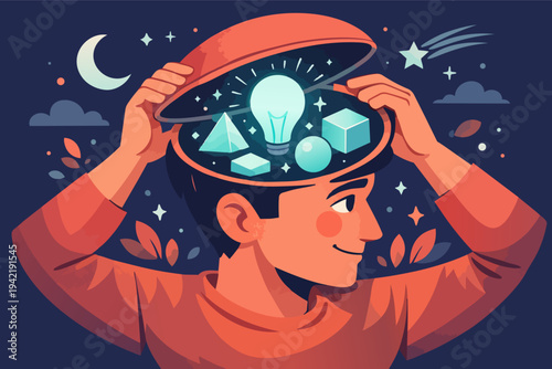 Person opening head with lightbulb and geometric shapes representing ideas, creativity, and knowledge