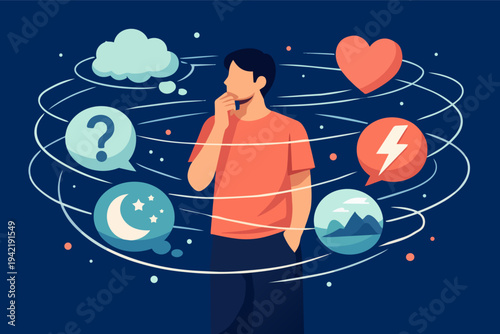 Man standing with hand on chin, surrounded by various thought bubbles, representing reflection, ideas and emotions