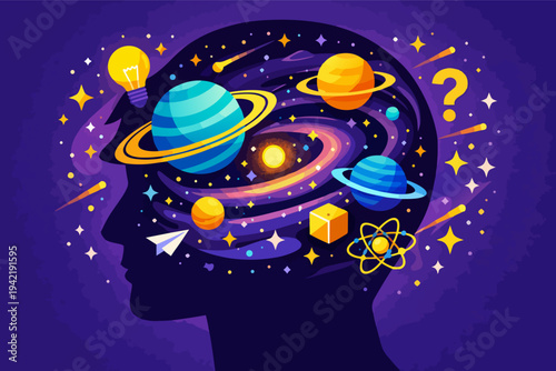 Human head silhouette filled with a colorful outer space universe, showing mind, imagination, and knowledge concepts