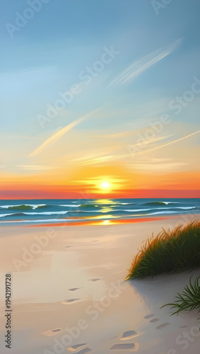 sunset, dusk, twilight, evening, beach, shore, coast, seaside, ocean, sea, waves, surf, water, sand, horizon, sky, clouds, sunlight, glow, golden, orange, red, reflection, seascape, tropical, island, 