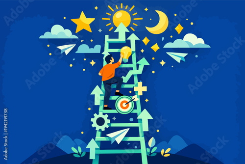 Person climbing a ladder to success, reaching for ideas, achieving goals, career growth and business progress