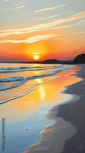 sunset, dusk, twilight, evening, beach, shore, coast, seaside, ocean, sea, waves, surf, water, sand, horizon, sky, clouds, sunlight, glow, golden, orange, red, reflection, seascape, tropical, island, 