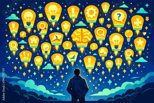 Person standing, looking up at flying light bulbs and brain icons representing new ideas and creative thinking