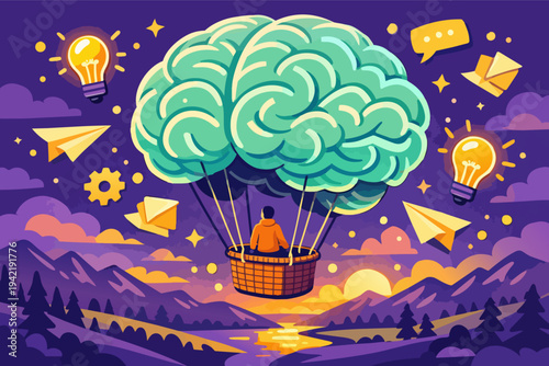 Person flying in a brain shaped hot air balloon with creative ideas, flying above mountains and a river at sunrise