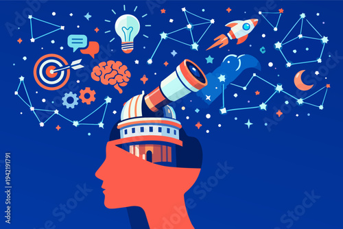 Human head with observatory telescope exploring ideas, universe, knowledge, thinking process, creativity, innovation, and learning