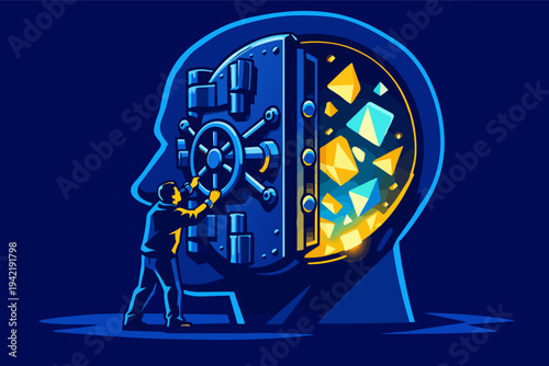 Person opening human head vault revealing hidden knowledge and secure data inside mind concept