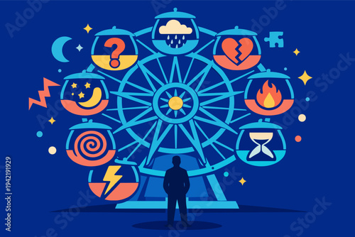 Man observing a ferris wheel with life symbols representing destiny, challenges, and choices on a journey