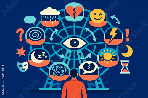 Person observing the changing cycle of emotions and mental states on a ferris wheel, representing psychological balance