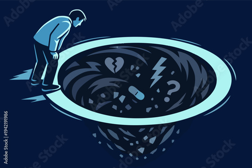 Person observing a dark whirlpool of problems and despair, struggling with mental health, depression, and personal challenges