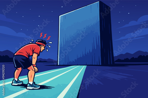 Exhausted runner hitting a wall blocking the track, facing a difficult obstacle and challenge