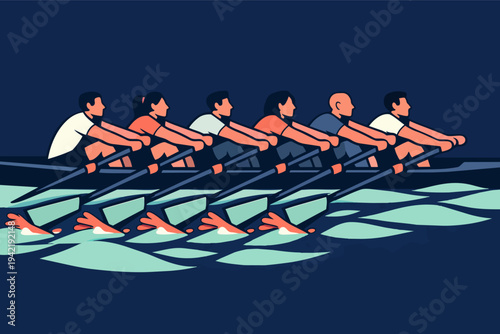 Team of rowers pulling oars in unison, demonstrating synergy, cooperation, and group effort in sport