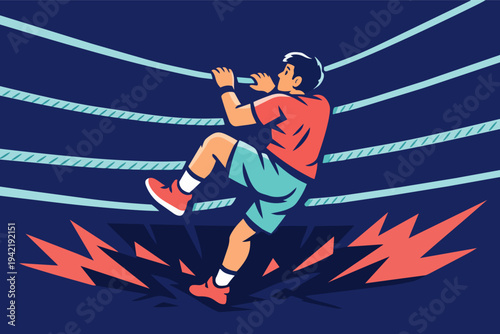 Boxer getting back up from falling down in a wrestling ring, showing resilience and overcoming challenge