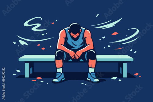 Athlete sitting on bench feeling sad after loss, experiencing defeat, frustration and mental health stress in sports