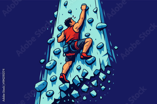 Man conquering a difficult rock wall, showcasing his resolve, power, and resilience during a vigorous and energetic adventure
