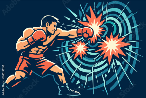 Boxer delivering powerful punch, showing impact, strength, and dynamic athletic competition in sports illustration