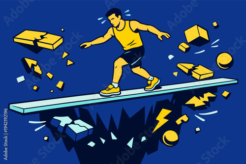 Man balancing on narrow plank over chasm, navigating crumbling path and overcoming business challenge