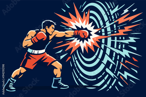 Boxer delivering a powerful punch with explosive energy impact and dynamic speed abstract illustration