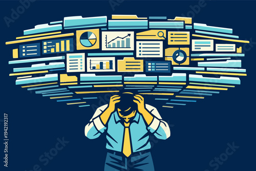 Businessman overwhelmed by a large volume of charts, documents, and folders representing data, information, and tasks