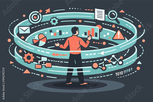 Person interacting with digital data stream visualizing complex information and analytical processes
