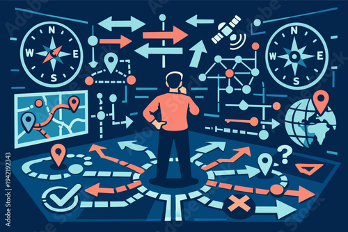 Person making important decisions, choosing a strategic path, navigating complex options, and planning future direction