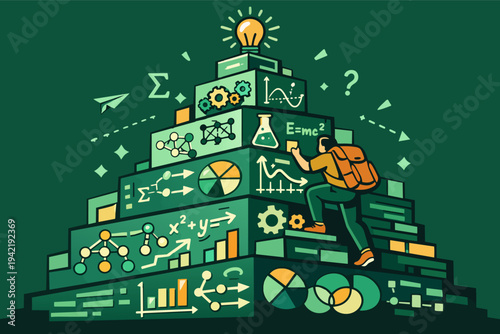 Person climbing knowledge pyramid with scientific symbols, education growth, and idea bulb for learning and success