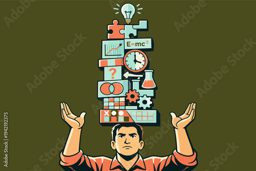 Man balancing complex pile of knowledge, science, education, puzzle pieces, and ideas on his head