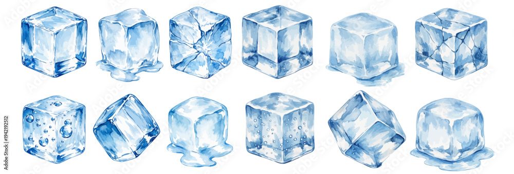 Ταπετσαρία A charming watercolor collection of melting ice cubes featuring transparent frozen cubes illustrated in a refreshing drink and beverage style