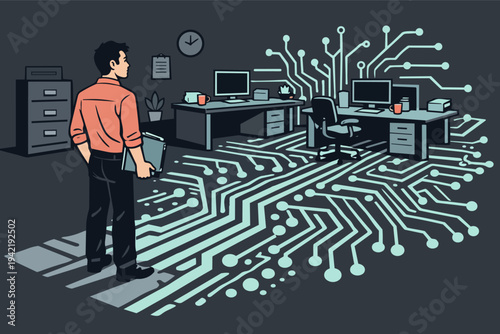 Professional man standing in digital office, analyzing technology, connecting with network, developing future innovations