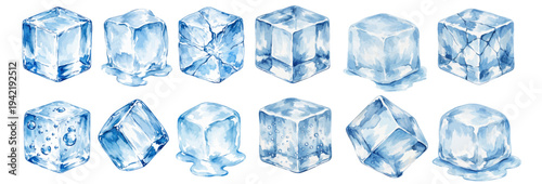 A charming watercolor collection of melting ice cubes featuring transparent frozen cubes illustrated in a refreshing drink and beverage style.