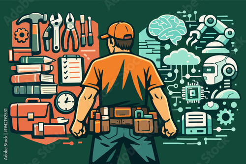 Worker facing traditional tools and books versus modern automation, artificial intelligence, and robotics