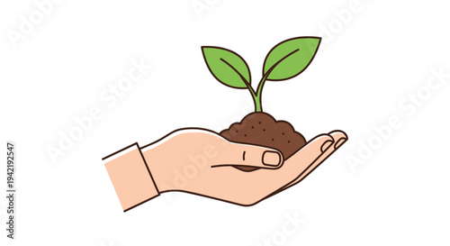 A hand holding a small green plant with two leaves growing out of brown soil, Generative AI.