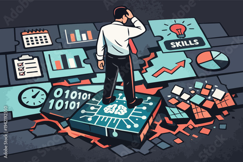 Businessman standing on ai chip as ground breaks, representing job displacement and skills obsolescence from automation