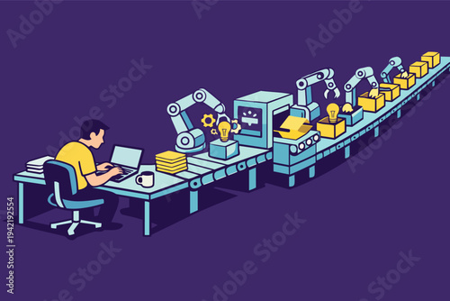Person developing ideas on laptop being automated by robotic factory conveyor belt system, modern production process