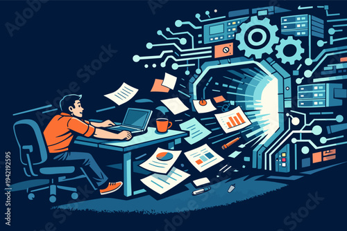 Man working on a laptop, converting physical documents into digital data through a high-tech gateway with circuits and gears