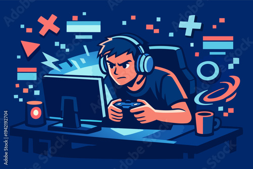 Young gamer wearing headphones, concentrating intensely while playing video games on a computer with a controller