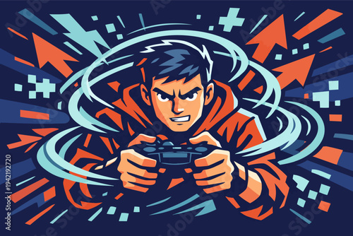 Young male gamer playing competitive video game with console controller, showing focus and energy in esports illustration