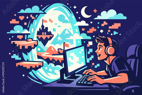 Young gamer playing virtual reality video game, immersing into a fantasy digital world and metaverse experience