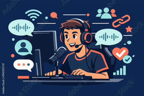Young man streaming online content and podcasting, talking on microphone with headset, engaging digital audience